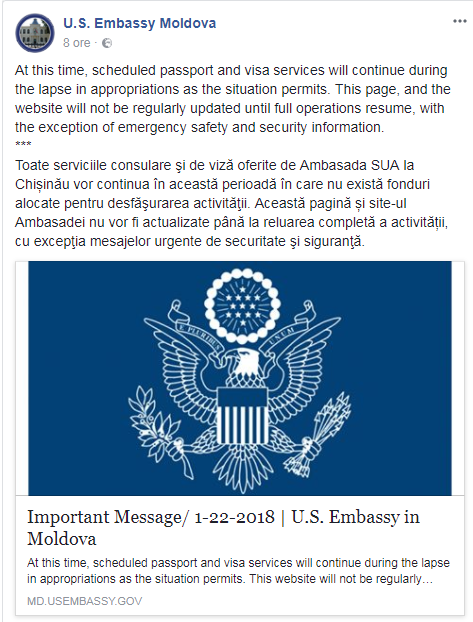 Ambasada SUA din R. Moldova a fost închisă temporar